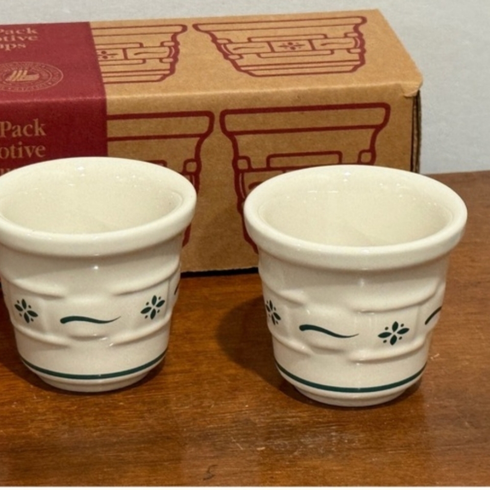 Longaberger Cream Ceramic Votive Cups with Green Trim and Floral Motif